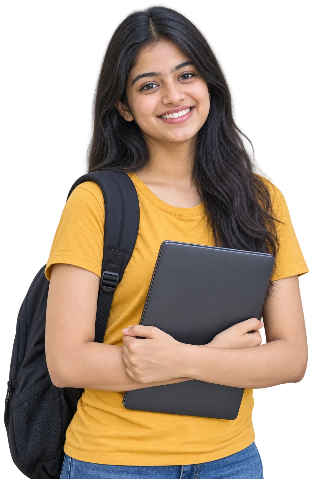 Smiling college student in a yellow t-shirt holding a laptop