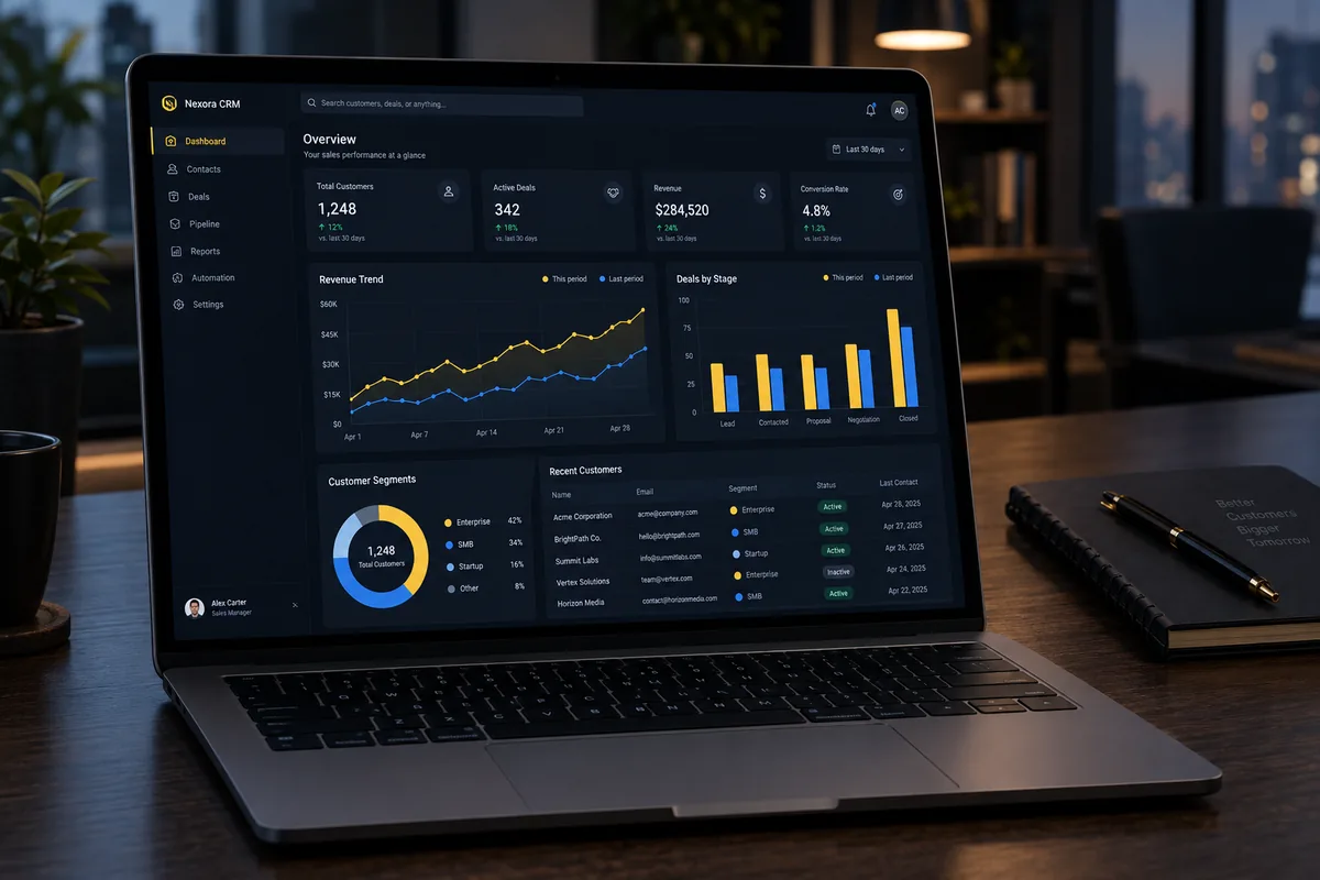 Laptop showing a dark-mode CRM analytics dashboard