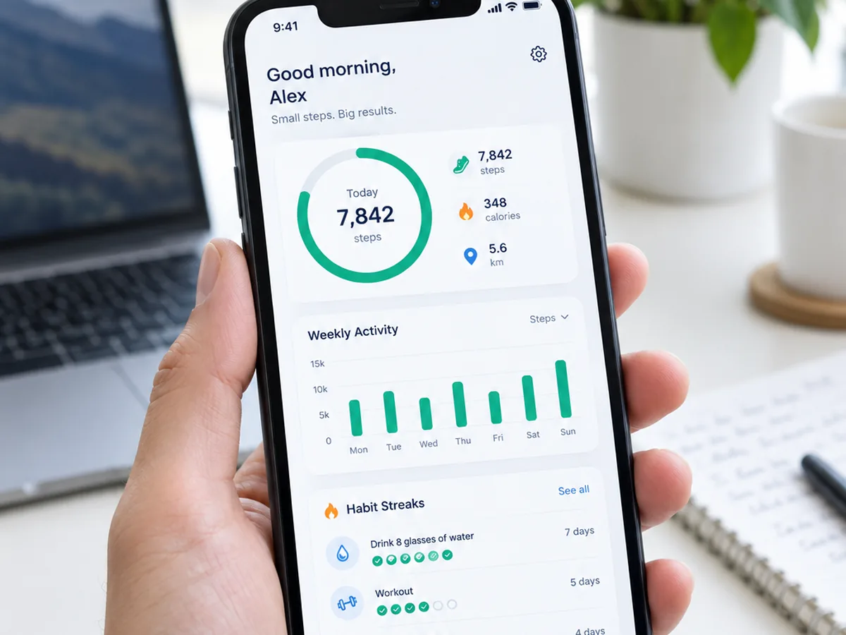 Hand holding a smartphone with a habit tracking app