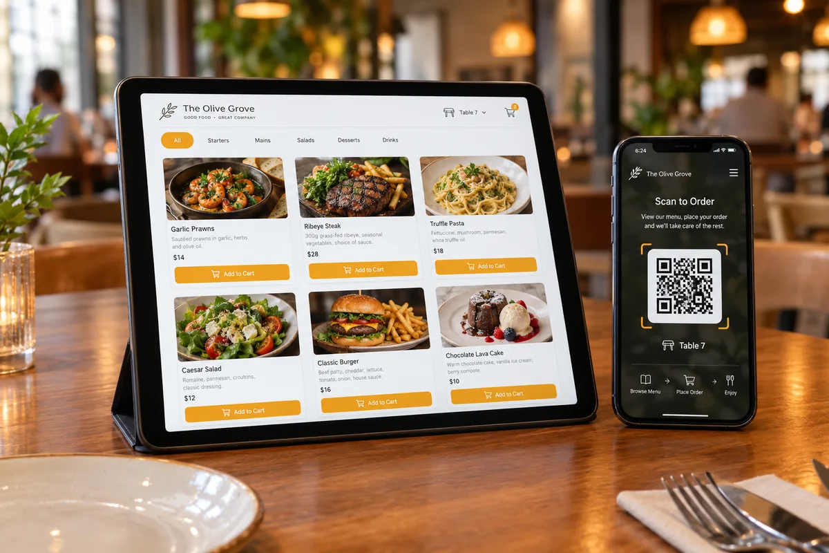 Tablet and phone showing a restaurant QR ordering app